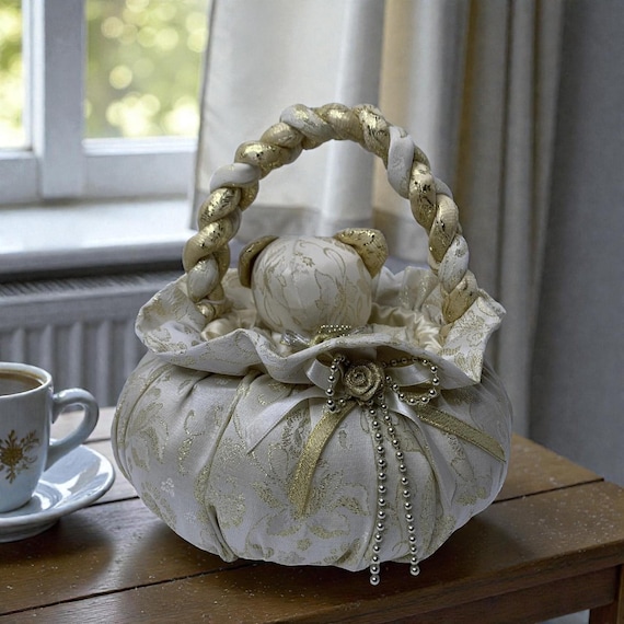 Vintage Gold & White Fabric Basket with Teddy Bear, Decorative Basket