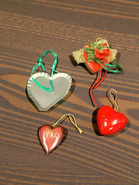 Vintage Heart Christmas Ornaments: Metal, Plastic & Fabric - Set of 4