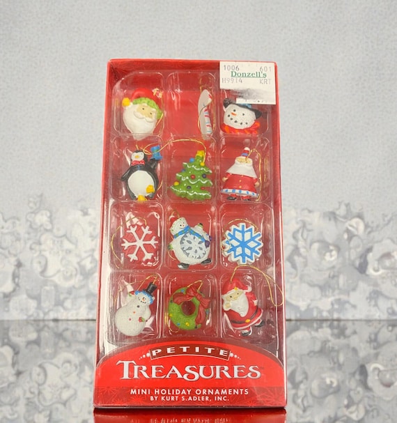 Vintage Kurt Adler Mini Christmas Ornaments Set: Snowman, Candy Cane, Penguin