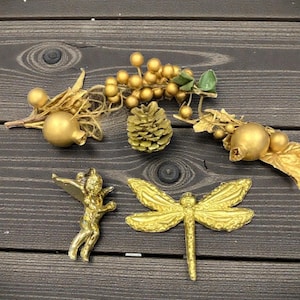 Vintage Gold Plastic Christmas Ornaments: Cherub, Dragonfly, Pinecone, Grapes - Set of 6