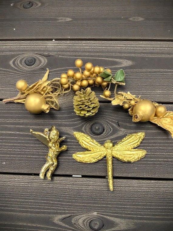 Vintage Gold Plastic Christmas Ornaments: Cherub, Dragonfly, Pinecone, Grapes - Set of 6