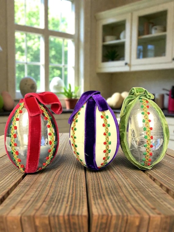Vintage Egg Ornaments: Handmade Velvet Ribbon Christmas Decor, Set of 3
