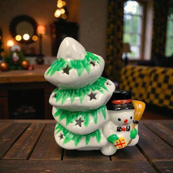 Vintage Ceramic Snowman With a Christmas Tree Tea Light Candleholder In Original Box