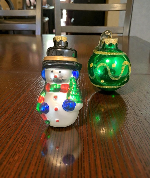 Vintage Hand-Painted Glass Christmas Ornaments: Snowman & Green Glitter Bulb Set
