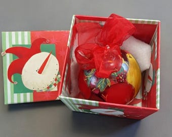Round Hand-Painted Glass Christmas Tree Ornament W/Fruit Pattern & Glitter Comes With Box