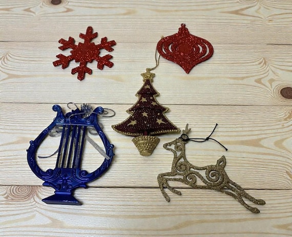 Vintage Glitter Christmas Ornaments: Reindeer, Harp, Snowflake, Bulb, Tree - Set of 5