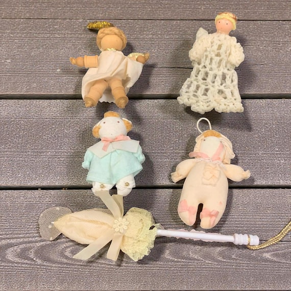 Vintage Handmade Folk Art Christmas Ornaments: Angel & Baby Doll Set