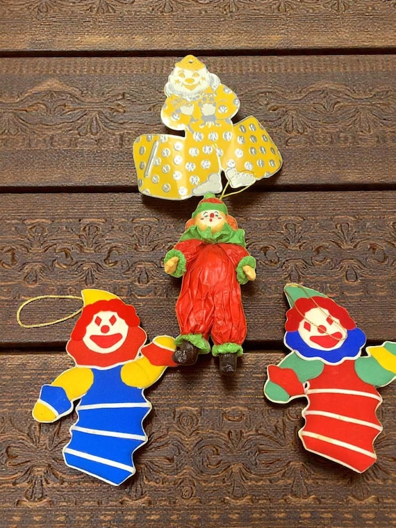 Vintage Circus Clown Christmas Ornaments: Paper Mache, Fabric & Metal, Set of 4