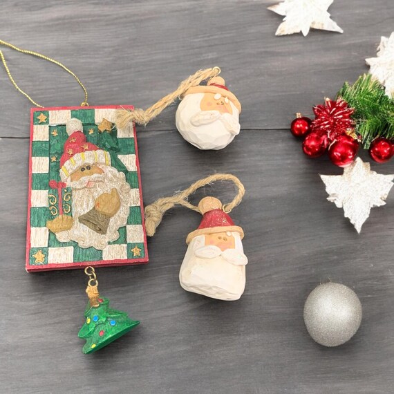 Vintage Resin Santa Christmas Ornaments: Rustic Farmhouse Style, Set of 3