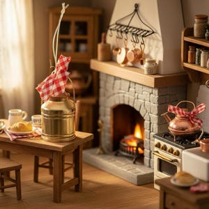 May include: Miniature kitchen scene with a fireplace, stove, and table. A brass milk can with a red and white checkered cloth hangs above a wooden table. A copper kettle sits on the stove, and miniature food items are on the table.