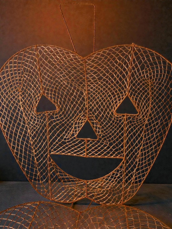Vintage Orange Halloween Macrame Jack O Lantern Pumpkin Netted Wall Decoration Set of 2