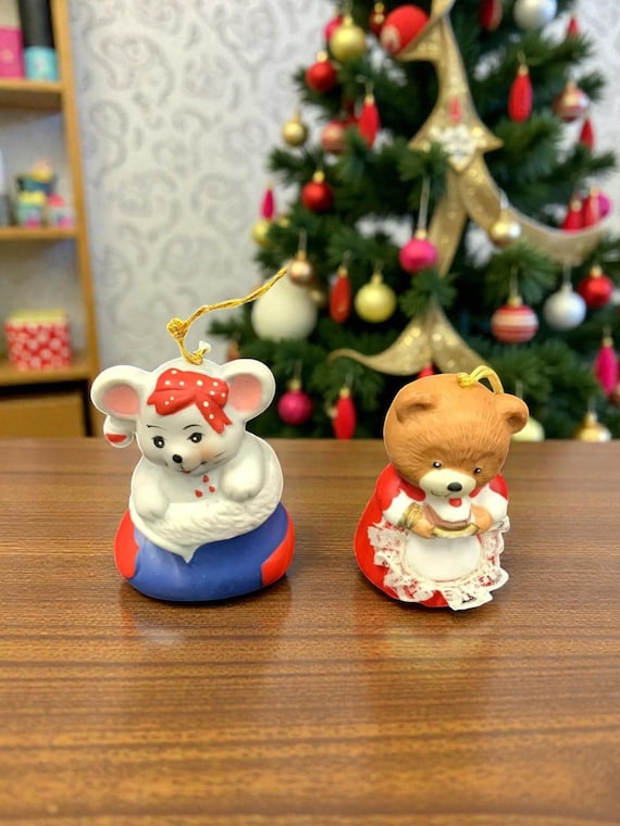 Vintage Jasco Ceramic Christmas Ornaments: Girl Bear and Mouse Bell Set