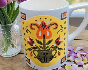 Vintage Napcoware Scandinavian-Inspired Folk Art Bird & Floral Stacking Coffee Mug #C7337P