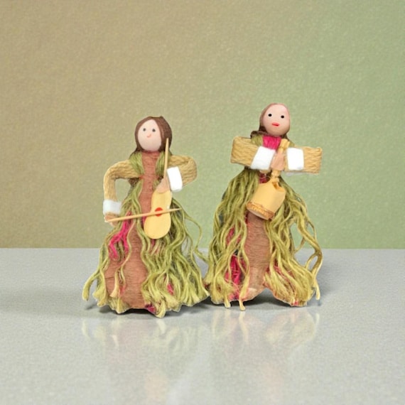 Vintage Handmade Angel Christmas Ornaments Folk Art Yarn and Twine Angels Set of 2