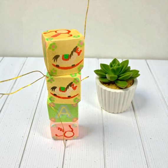 Vintage Kurt Adler Pastel Wood Building Letter Block Christmas Tree Ornaments Set of 4