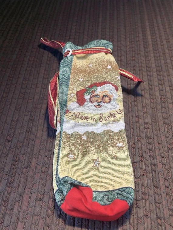 Vintage Needlepoint Santa Stocking, Wine Bottle Cover 14"