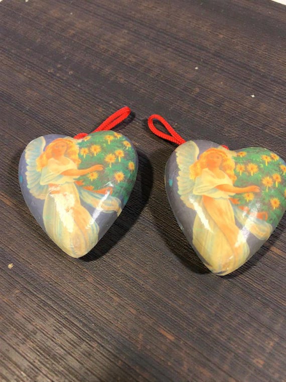 Vintage Heart Shaped Christmas Tree Ornament Decoupage Style Angels Set of 2