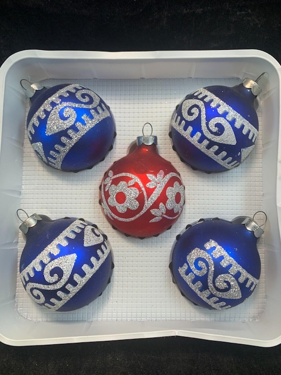 Vintage Glass Christmas Ornament Set: Blue & Red Silver Glitter (Set of 5)