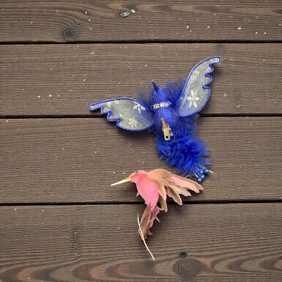 Vintage Feather Hummingbird Christmas Ornaments: Blue & Mauve, Set of 2