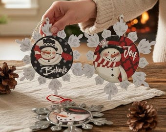 Metal Snow Flake and Snowman Christmas Ornament Decorations By Youngs NEW