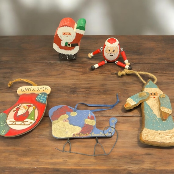 Vintage Wood Santa Christmas Ornaments: Rustic Farmhouse Set of 5