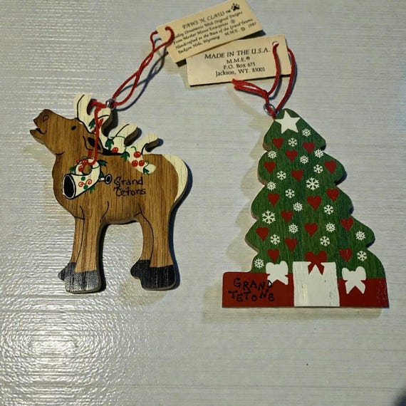 Vintage Grand Tetons Wood Christmas Ornaments: Moose & Tree, 1987