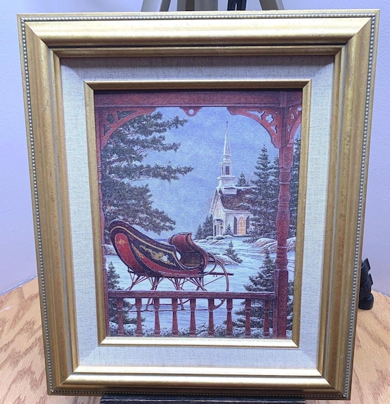 Vintage Ben Richmond Framed Art Print: Snowy Church & Sleigh Ride