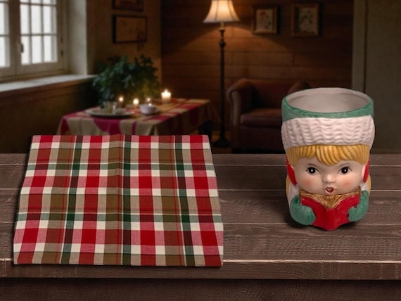 Vintage Christmas Caroling Girl Candy Dish with Plaid Placemat