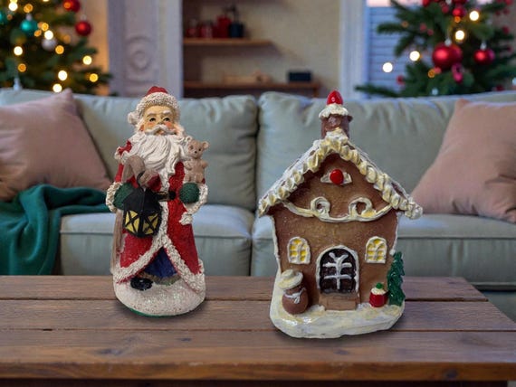 Vintage Santa Figurine & Gingerbread House Set - Greenbrier International
