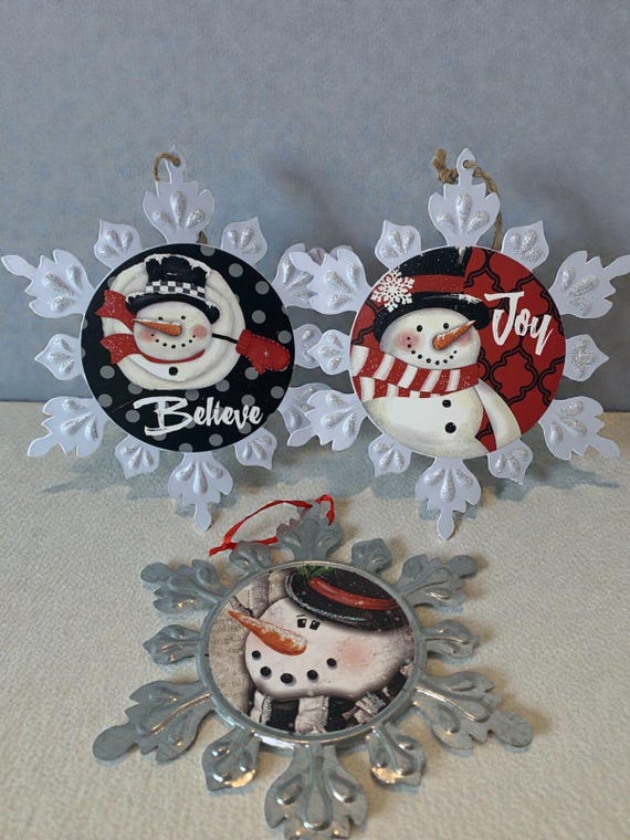 Metal Snow Flake and Snowman Christmas Ornament Decorations By Youngs NEW