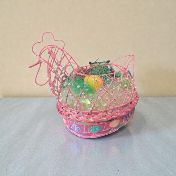 Vintage Pink Chicken Easter Basket: Beaded Wire Frame, Plastic Eggs