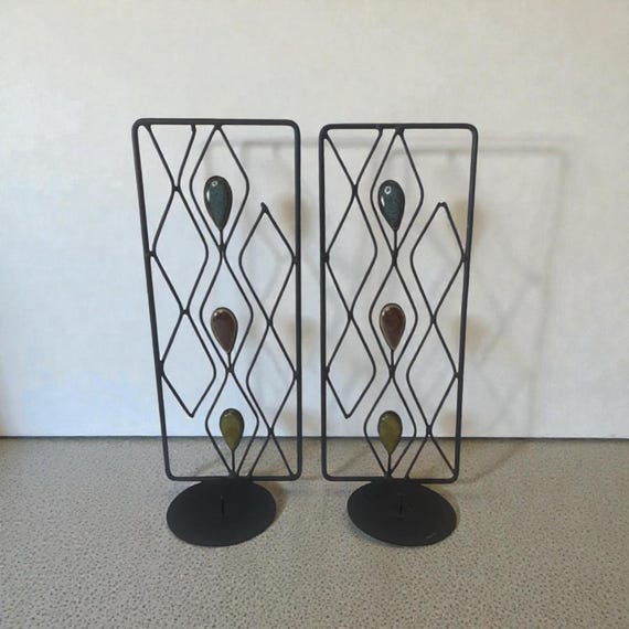 Vintage Black Metal Wall Sconce Candleholders: Diamond Cut-Out, Colorful Stones - Set of 2
