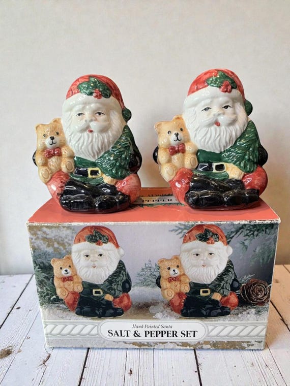 Vintage Santa Claus Ceramic Salt and Pepper Shakers with Teddy Bear (Original Box)