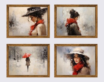 Vintage Christmas Painting Rustic Wall Art Christmas Wall Art Set of 4 Holiday Wall Decor for Living Room Winter Wall Art for Bedroom