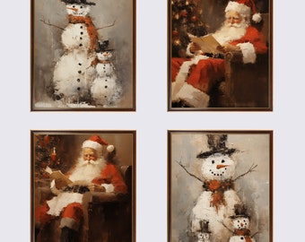 Vintage Christmas Painting Rustic Wall Art Christmas Wall Art Set of 4 Holiday Wall Decor for Living Room Winter Wall Art for Bedroom