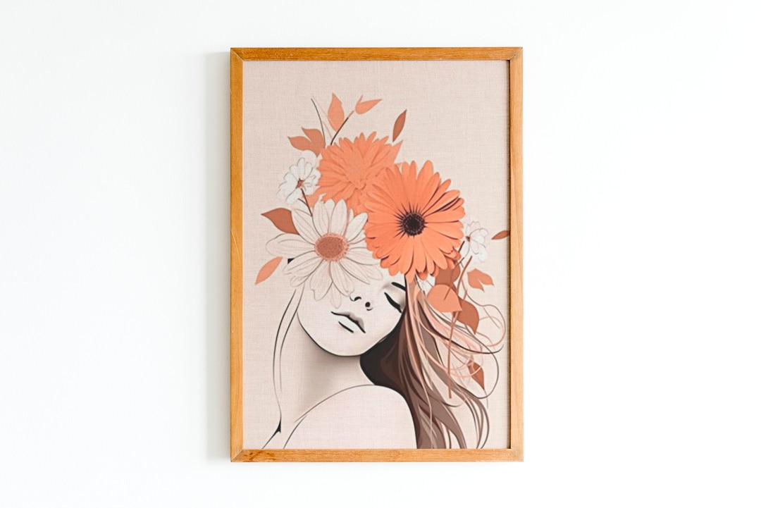 Boho Woman Line Art Print With Flowers, Botanical & Feminist Wall Art ...