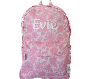 Large school sized Personalised kids backpack pink flowers