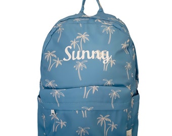 Large school sized Personalised kids backpack blue palm trees