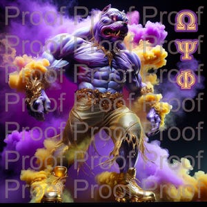 May include: A powerful, purple-skinned humanoid figure with a dog-like head, wearing gold shorts and boots. The figure is surrounded by purple and yellow smoke. Gold armbands and a belt adorn the figure. Greek letters are in the upper right corner.