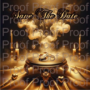 Peut inclure: Image romantique avec le texte "Save The Date". Deux alliances dorées reposent sur un présentoir décoratif, entourées de bougies, de cœurs et de fumée éthérée sur un fond doré.