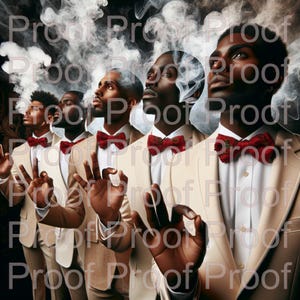 Può includere: Immagine stilizzata di cinque uomini in abiti color beige e papillon rossi. Ogni uomo fa il gesto della mano 'ok'. Volute di fumo emanano dalle loro teste, creando un effetto surreale e artistico. L'immagine ha un'estetica scura e malinconica.