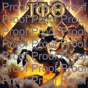 May include: Digital artwork depicting a centaur archer with a bow and arrow, set against a pyramid and a stormy sky. The image has a fantasy theme with a golden colour scheme and the text "100" at the top.