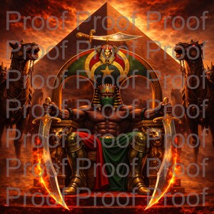 May include: Digital art depicting a muscular figure seated on a throne, holding two swords with fiery blades. The figure wears a headdress and a green face covering. The background features a pyramid, camels, and a shield with a star.
