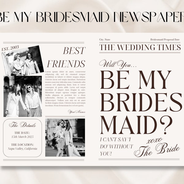 Bridesmaid Proposal Newspaper Editable Template | Fun Bridesmaid Proposal | Editable and Printable Canva Template | Be My Bridesmaid Canva