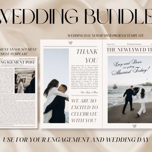 May include: A digital template for a wedding announcement and wedding day newspaper program. The template features a black and white design with a vintage newspaper aesthetic. The text "Wedding Bundle!" is displayed at the top of the image. The template includes a sample engagement announcement article and a sample wedding day program. The sample engagement announcement article features a photo of a couple embracing. The sample wedding day program features a photo of a couple walking on a beach. The text "The Newlywed Times" is displayed at the top of the wedding day program. The text "Lucy and Dean are getting Married Today!" is displayed in a decorative font.