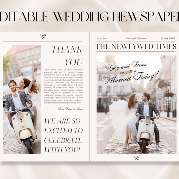 Wedding Newspaper | Fun Program for Wedding Day | Editable Template | Wedding Paper Design | Newspaper Design | Wedding Magazine Style | DIY