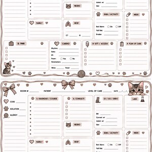 May include: A medical patient report sheet featuring two identical templates with a brown cat theme. The layout includes sections for diagnosis, consults, labs, meds, and patient vitals, decorated with paw prints, yarn balls, and bows.