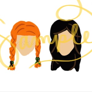 May include: Illustration of two girls with different hair colors. One girl has long, red hair in braids and the other has long, black hair. Both girls are smiling.