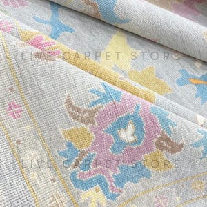 Blue and Pink Faded Color Handmade Wool Persian Knot Oushak Rug with Floral Design in 8x10,9x12 Area Rug for Living Room Rug 12x15 Large Rug