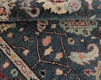 Alfombra moderna de estilo Oushak, anudada a mano, en azul verdoso, multicolor, de lana, para gran superficie, hecha a mano, para sala de estar, contemporánea.